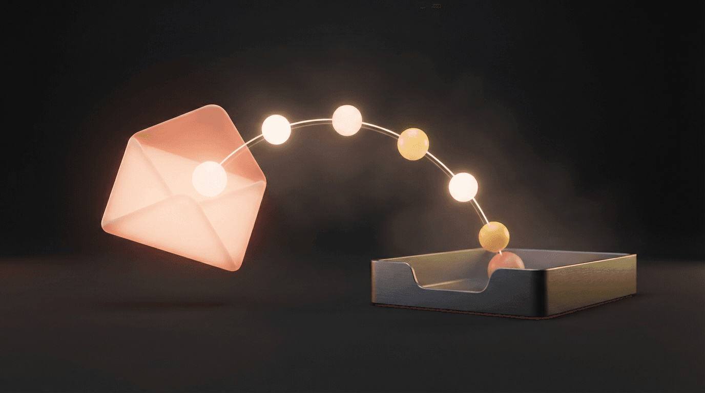 3D render of an envelope releasing a chain of glowing orbs into an inbox, an automated follow-up sequence