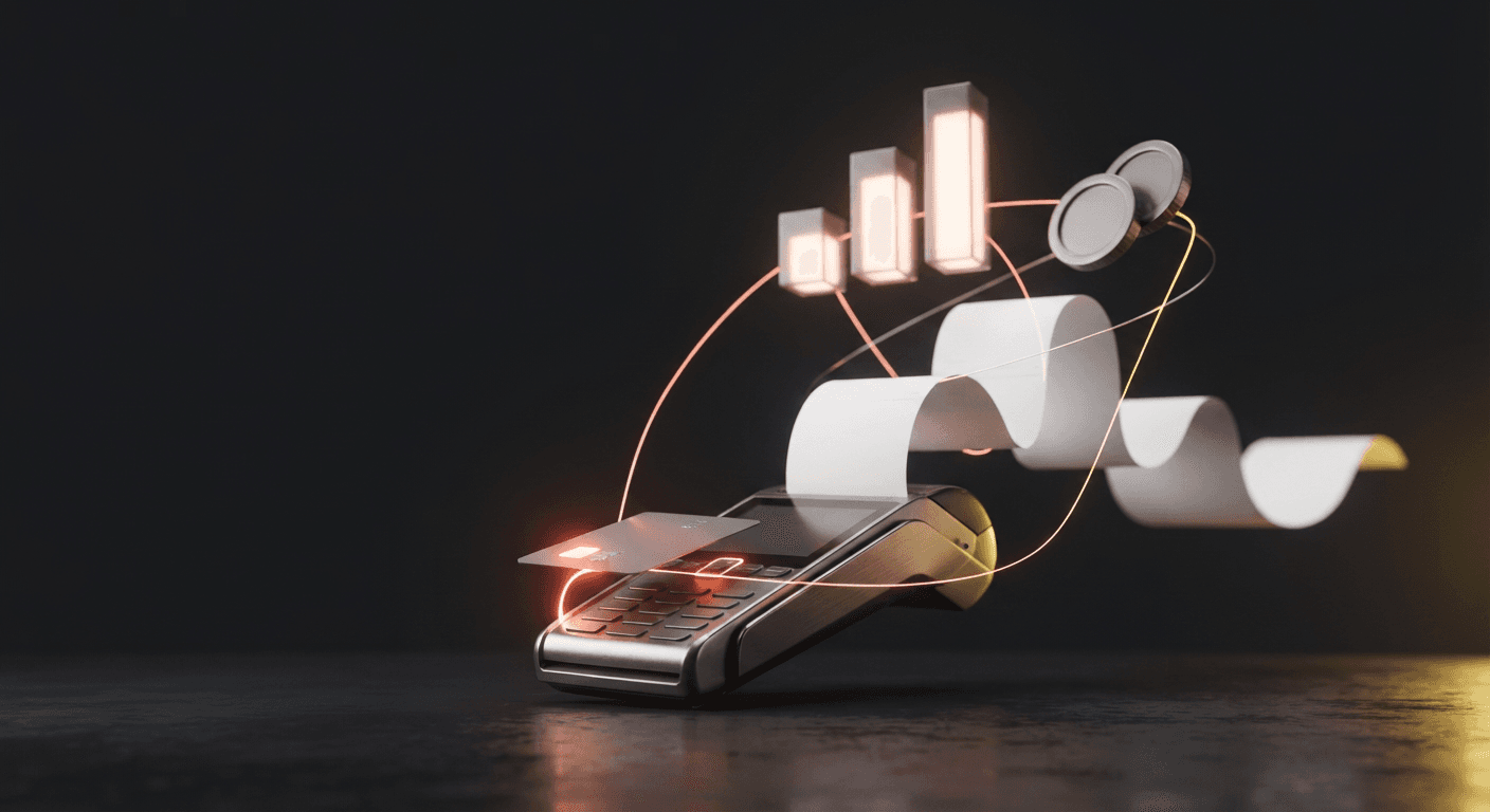 3D render of a point-of-sale terminal, receipt, rising chart bars, and coins