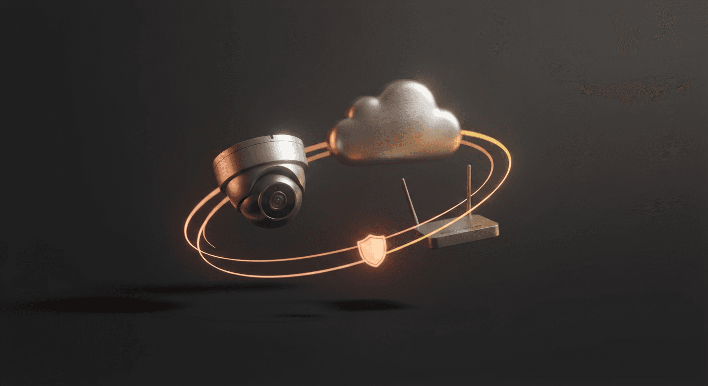 3D render of a security camera, cloud, WiFi router, and shield connected by light filaments