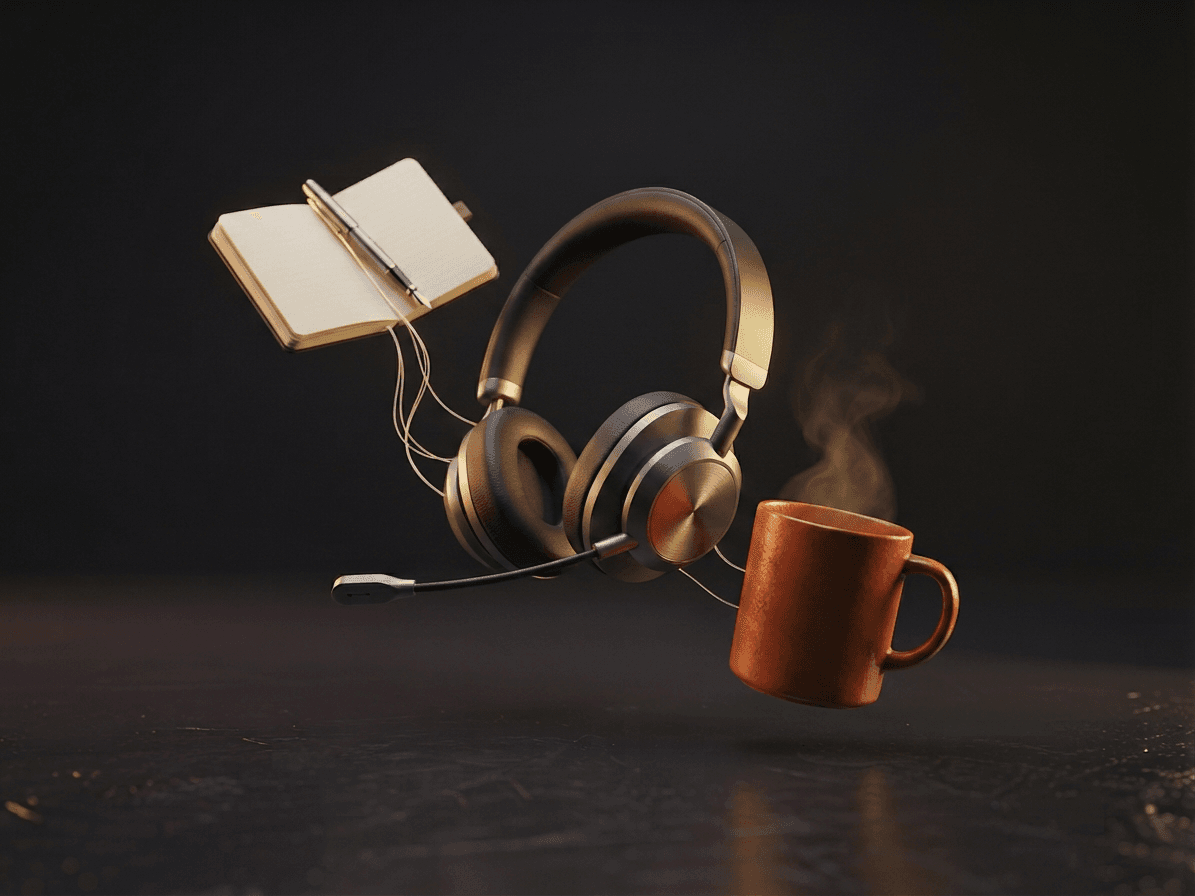 3D render of a headset, warm coffee mug, and open notebook in soft light