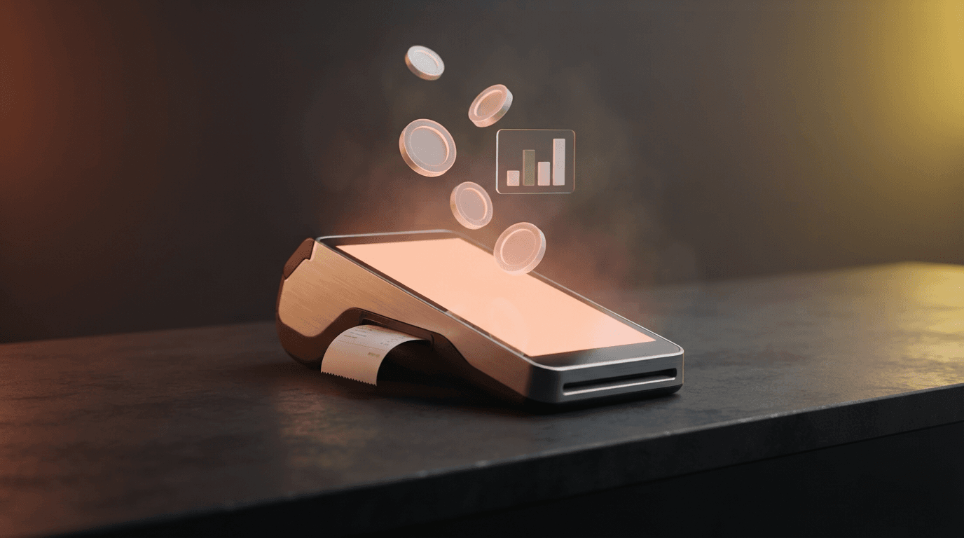 3D render of a point-of-sale terminal with a card reader and a rising sales chart